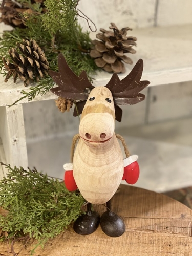 WOODEN MOOSE WITH METAL ANTLERS AND MITTENS